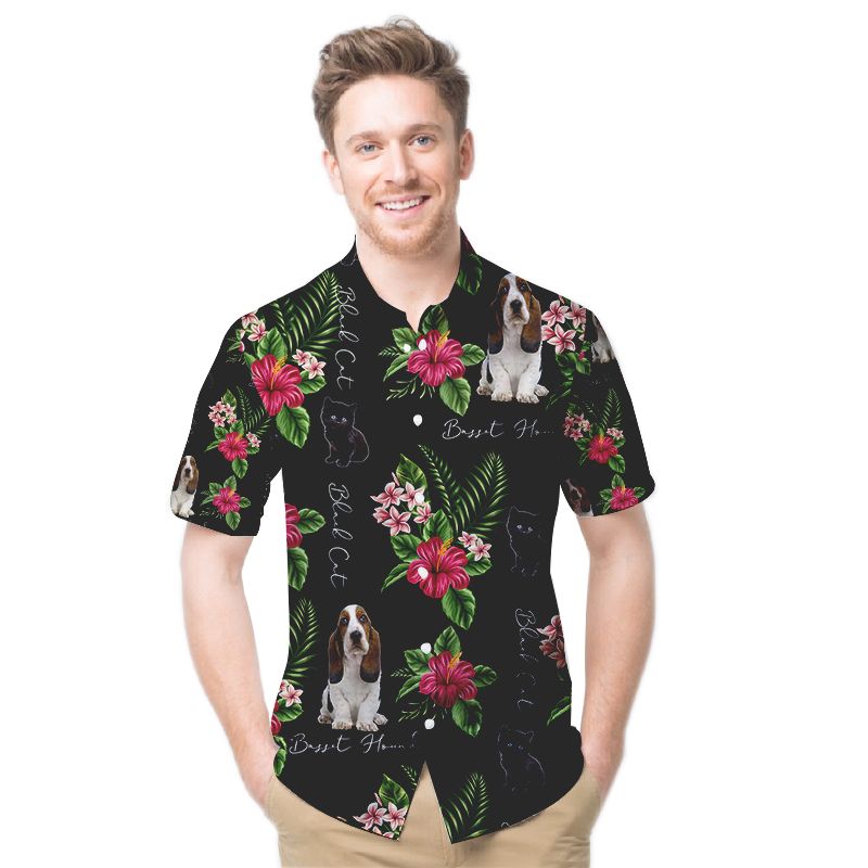 Basset Hound And Black Cat Hibiscus Men Hawaiian Shirt For Pets Lovers In Daily Life Ha37937