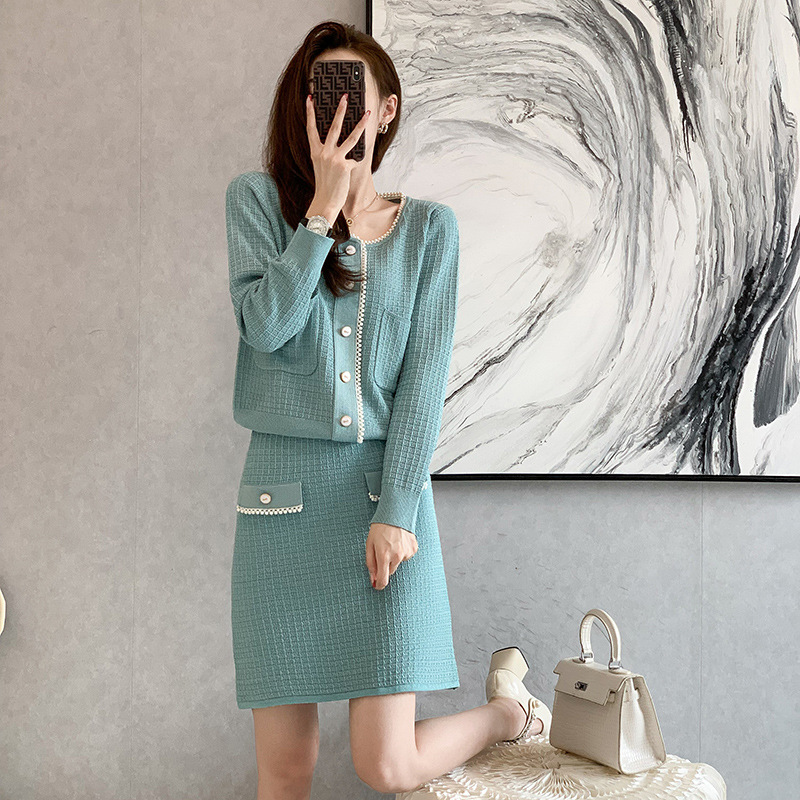 Women’s Blue Knitted Suit 2022 Autumn Winter Chic Ladies Fashion Casual Sweater + A-Line Skirt Sets alx