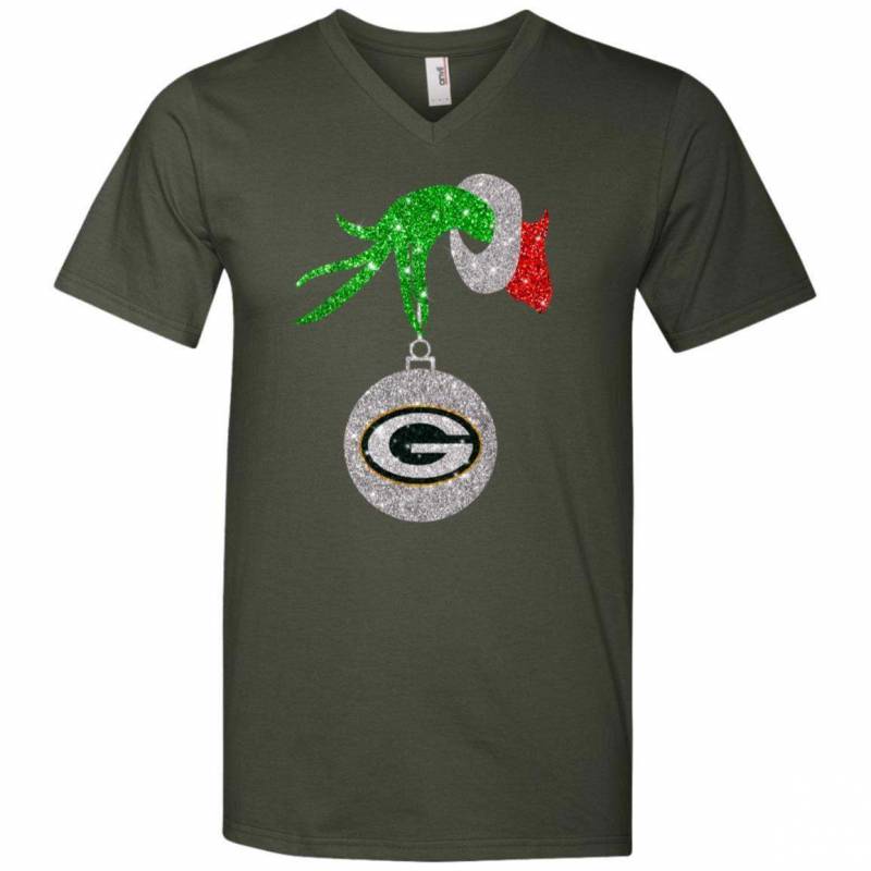 Green Bay Packers Glitter Grinch Monogram Ornament Christmas Gift V-neck T-shirt