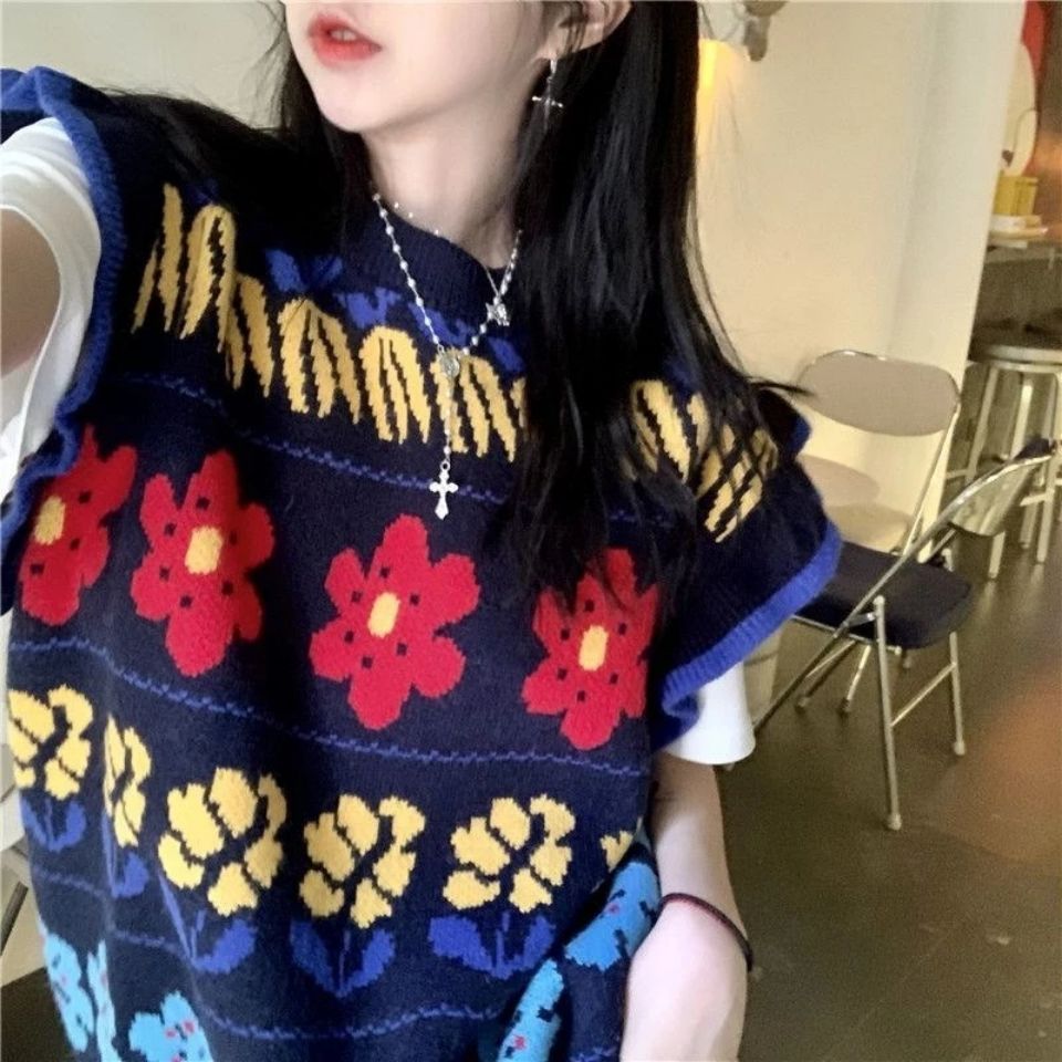 Sweater Vest Women Vintage Autumn New Loose Knitting Femme All-match Sweet College Ins Print Aesthetic Fashion Clothing Casual alx