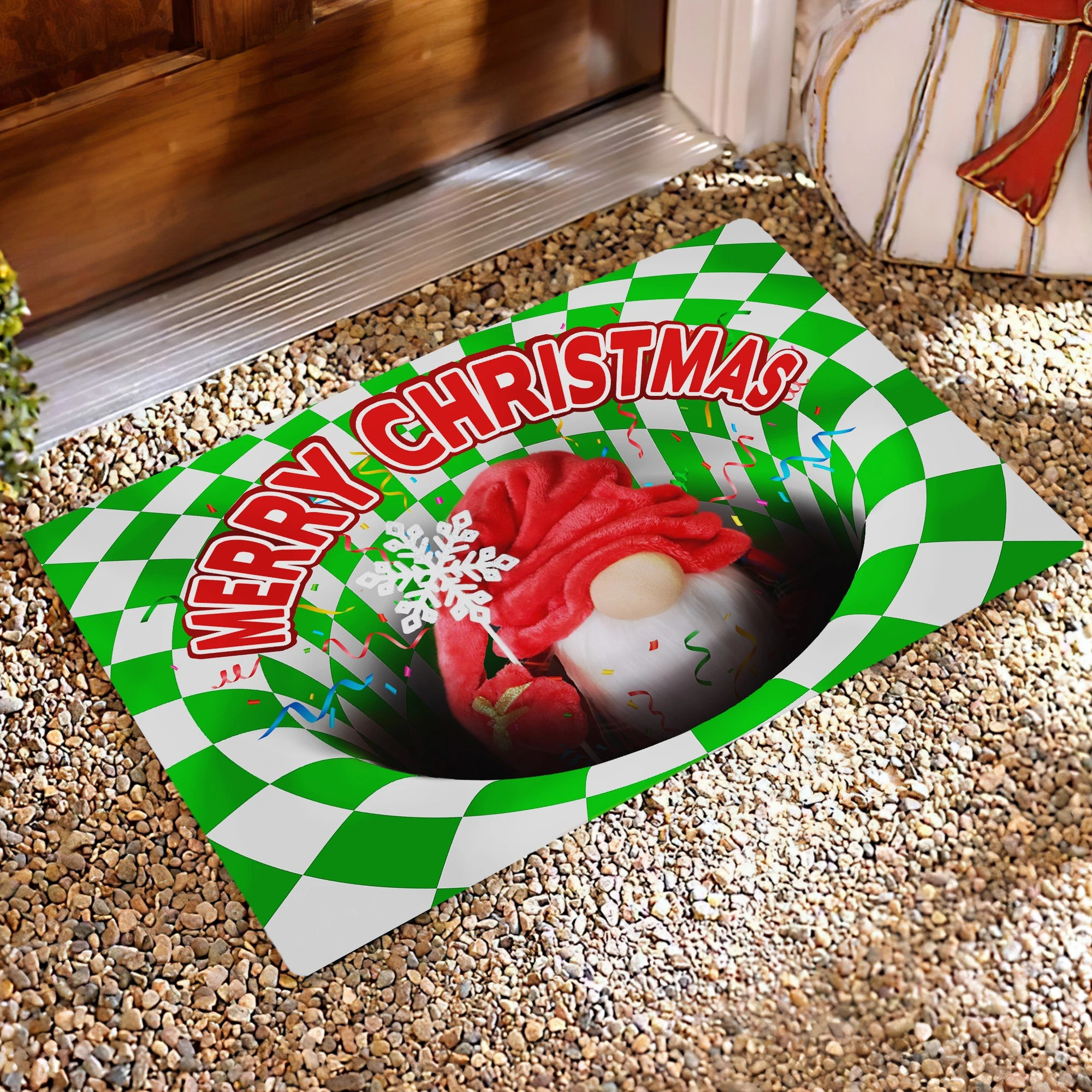 Christmas Funny Doormat, Gnome Christmas Optical Illusion 3D Hole Mat, Housewarming Gift