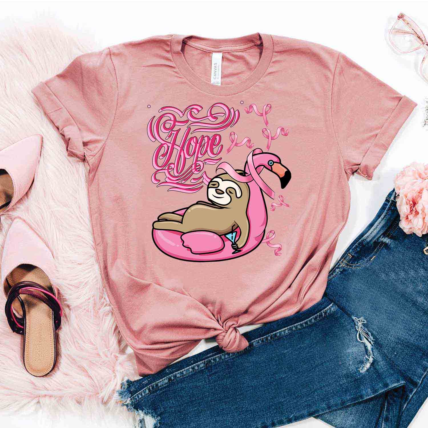 Hope Sloth Enjoying On The Pool Sloth Shirt – Breast Cancer Awareness T-Shirt Gifts For Mom Daughter Friends Hoodies Sweater Pink
