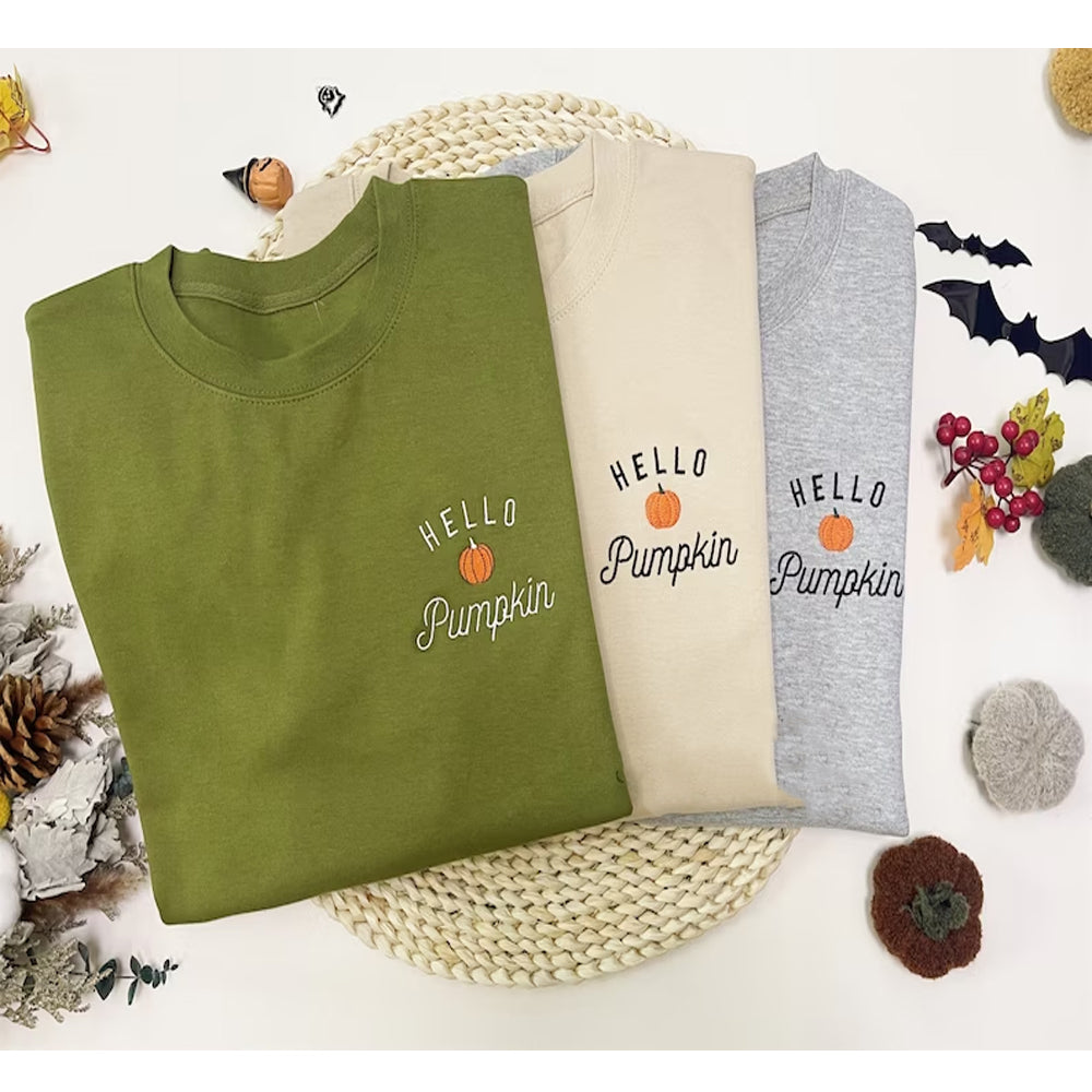 Hello Pumpkin Embroidered Halloween Sweatshirt Crewneck Sweatshirt All Over Print Sweatshirt For Women Sweatshirt For Men Sws2613