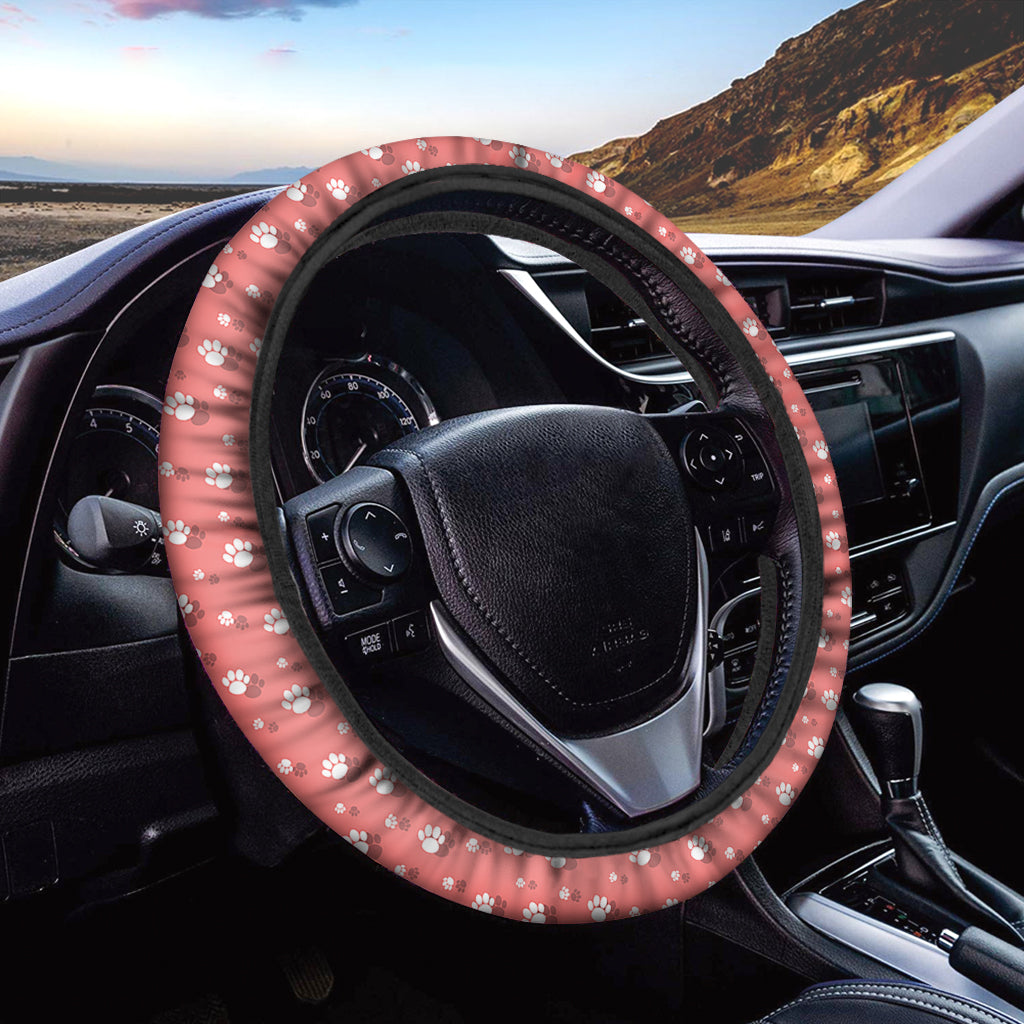 Pink And White Animal Paw Pattern Print Car Steering Wheel Cover