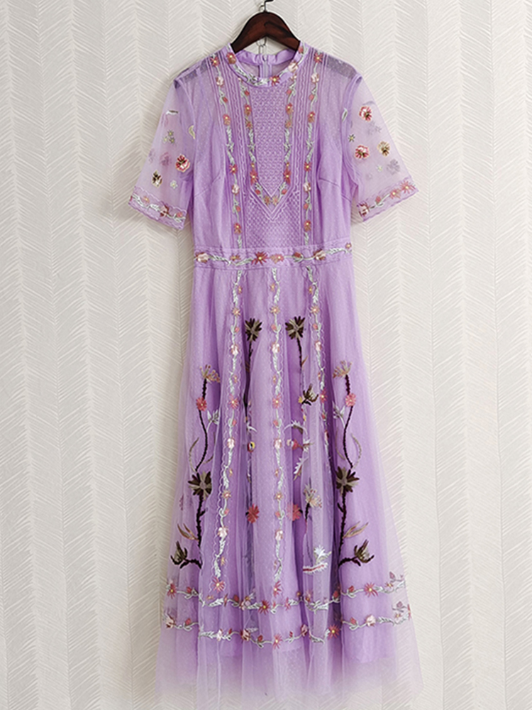 AELESEEN Runway Fashion 2022 Summer Vintage Long Dresses Women Pink Purple Embroidery Mesh Short Sleeve Ladies Party Vacation alx