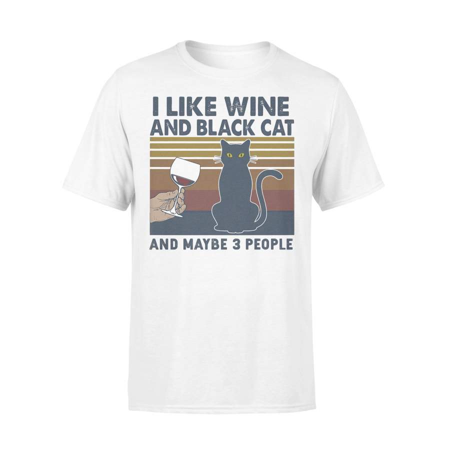 I Like Wine And Black Cat And Maybe 3 People Vintage Retro T-shirt