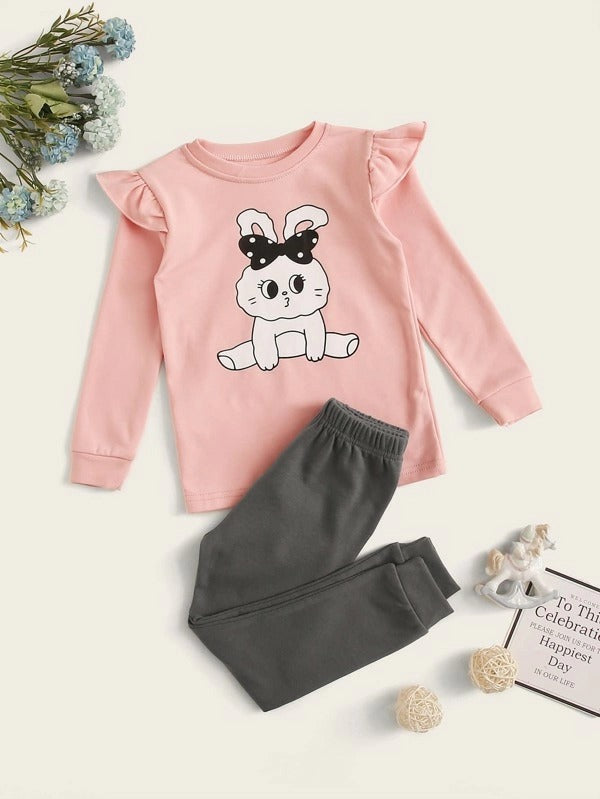 Toddler Girls Rabbit Print Ruffle Tee With Joggers