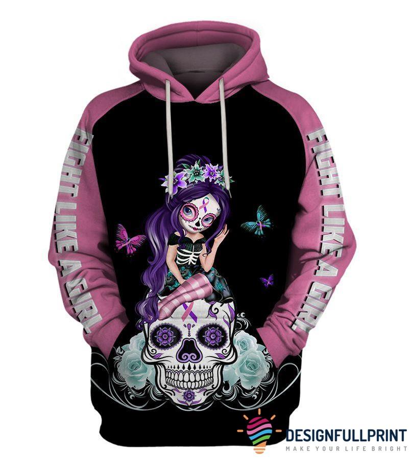 Skull Gift Pink Thyroid Cancer Sugar Skull Girl Awareness Hoodie