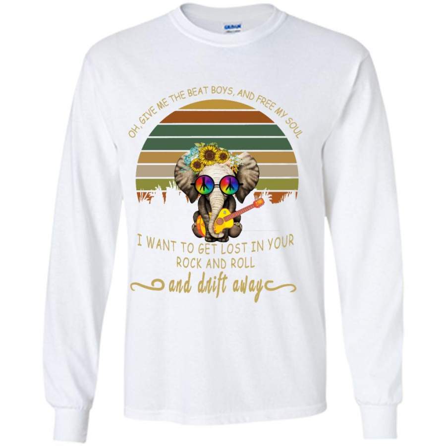 Oh, Give Me The Beat Boys, And Free My Soul I Want To Get Lost In Your Rock And Roll And Drift Away, Peace Sign, Elephant Classic Floral Design – Gildan Long Sleeve Shirt