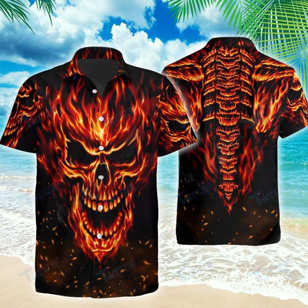 Flame Skull Skeleton Body On Fires All Over Printed Hawaii Shirt Size S Ha52606