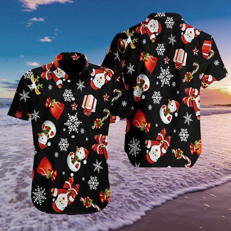 Merry Christmas So Cute Santa Snowman Black Pattern Hawaii Aloha Shirts Ha11063