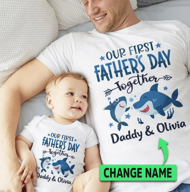 Our First Father’S Day Baby Shark T-Shirt & Baby Onesie, Dad And Baby Matching Shirts, Father And Son/ Daughter, Father’S Day Gift
