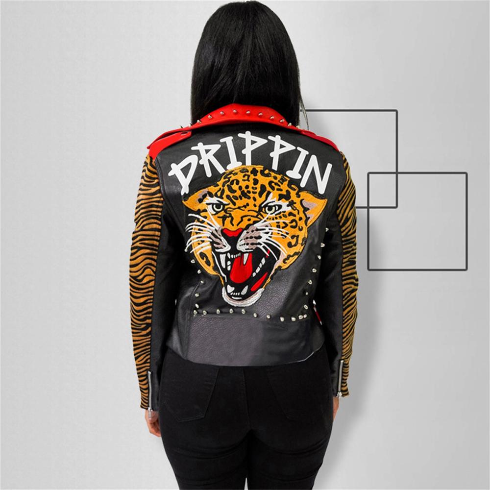 2021 autumn and winter leather rivet stitching personalized printing tiger head PU jacket motorcycle women’s clothing alx