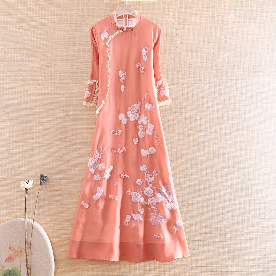 High-end Spring Summer Women Loose Cheongsam Dress Retro Elegant Embroidery + Lace A-line Lady Party Qiapao Dress S-XXL alx