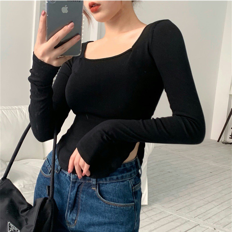 Women Asymmetrical T-shirts Sexy Summer Square Collar Long Sleeve Side Split Slim Solid Skinny Tee Tops XYFS19 alx