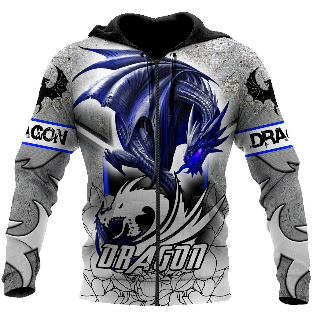 Dragon Blue Color Zip Up Hoodie Shirt For Men And Women