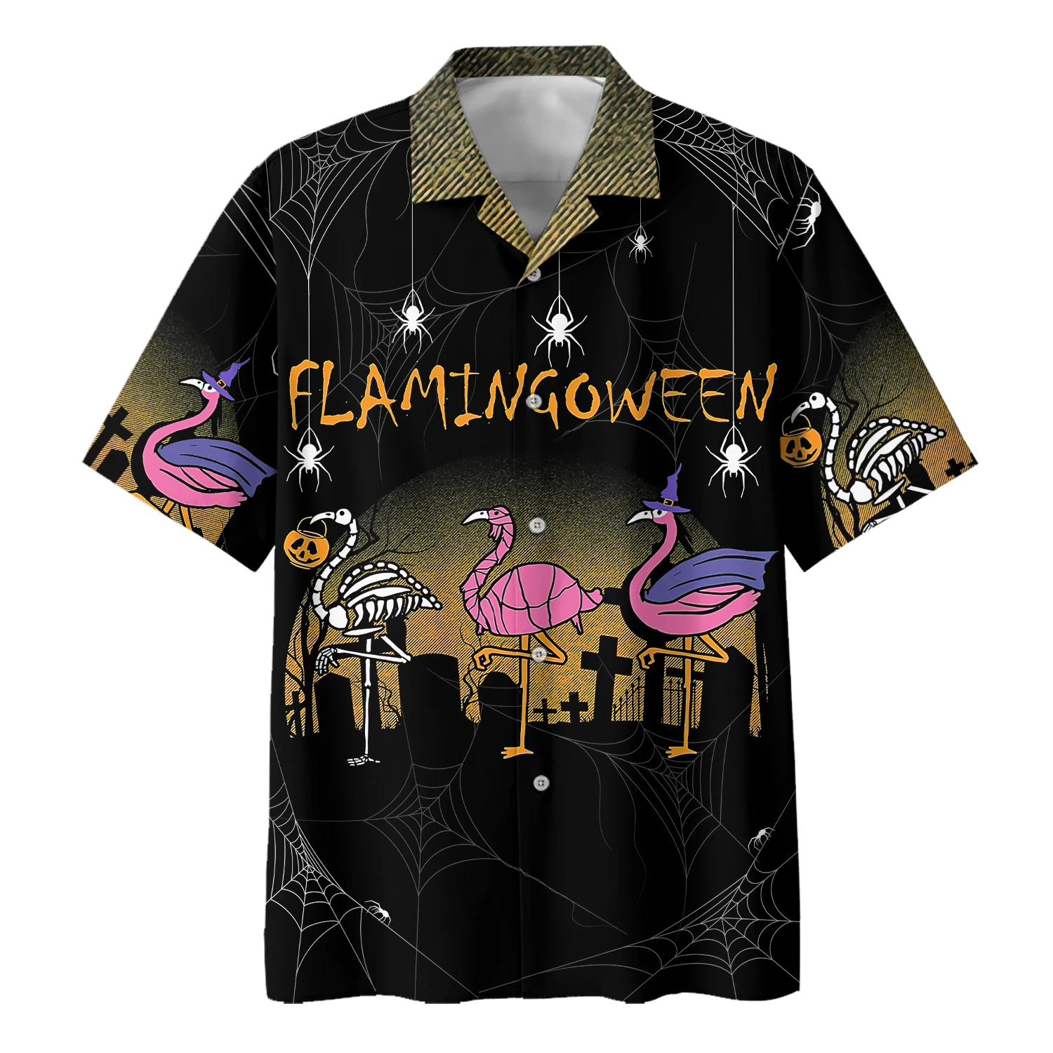 Flamingo Cat Halloween Hawaii Unisex Print Aloha Short Sleeve Casual Shirt Ha47574