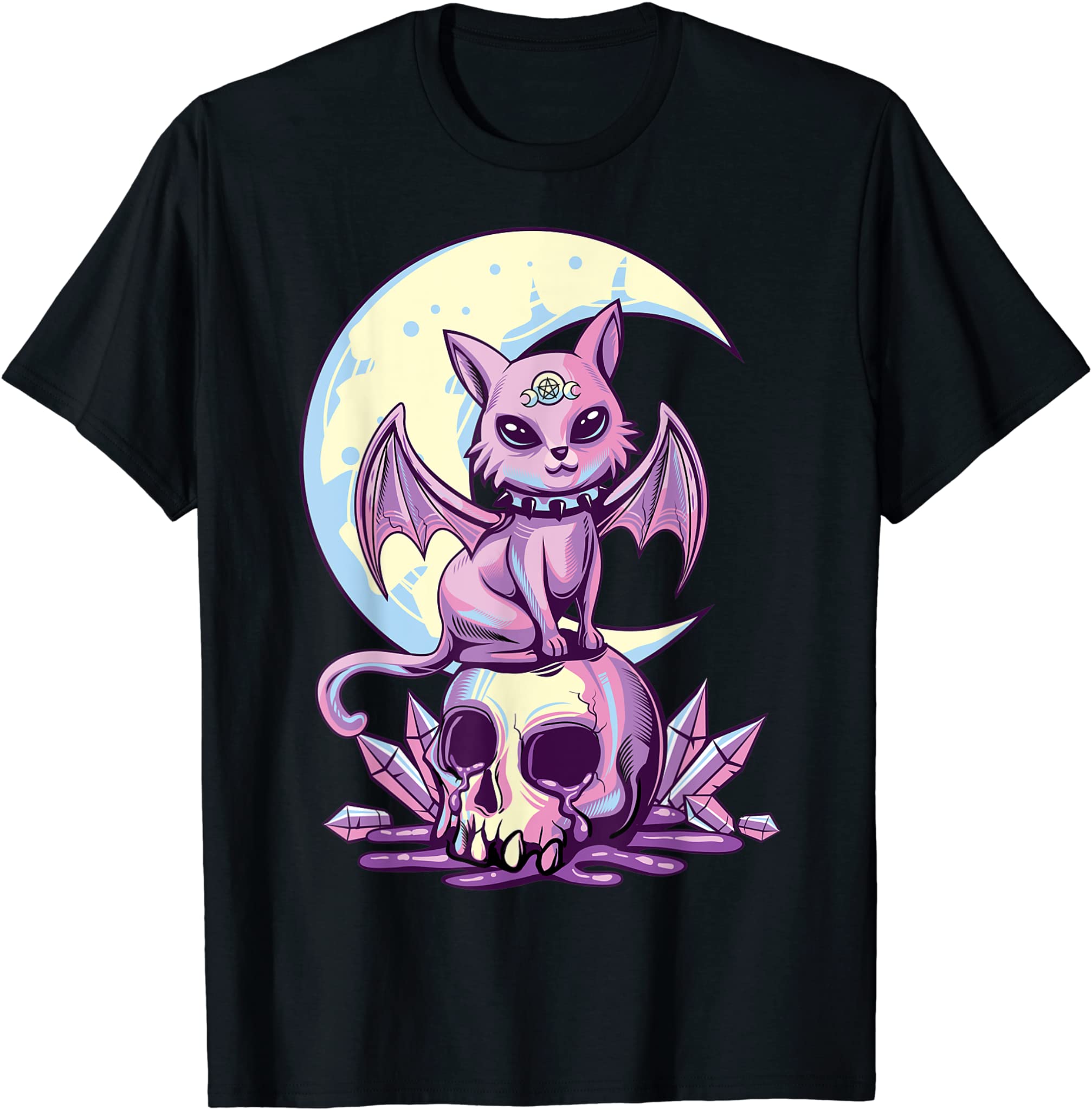 Pastel Goth Wiccan Cat Cute Creepy Witchy Cat And Skull T-Shirt