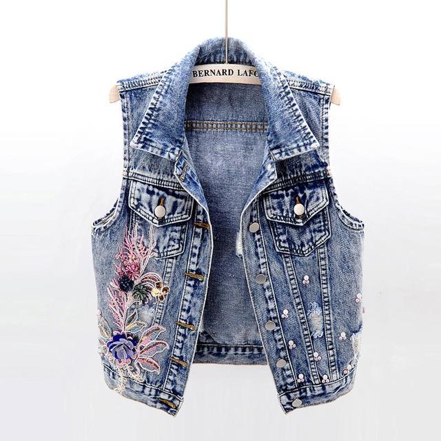 Spring Autumn Vest Waistcoat Female 2022 New Korean Beaded Flower Denim Vest Women’s Short Sleeveless Jeans Coat Jacket alx