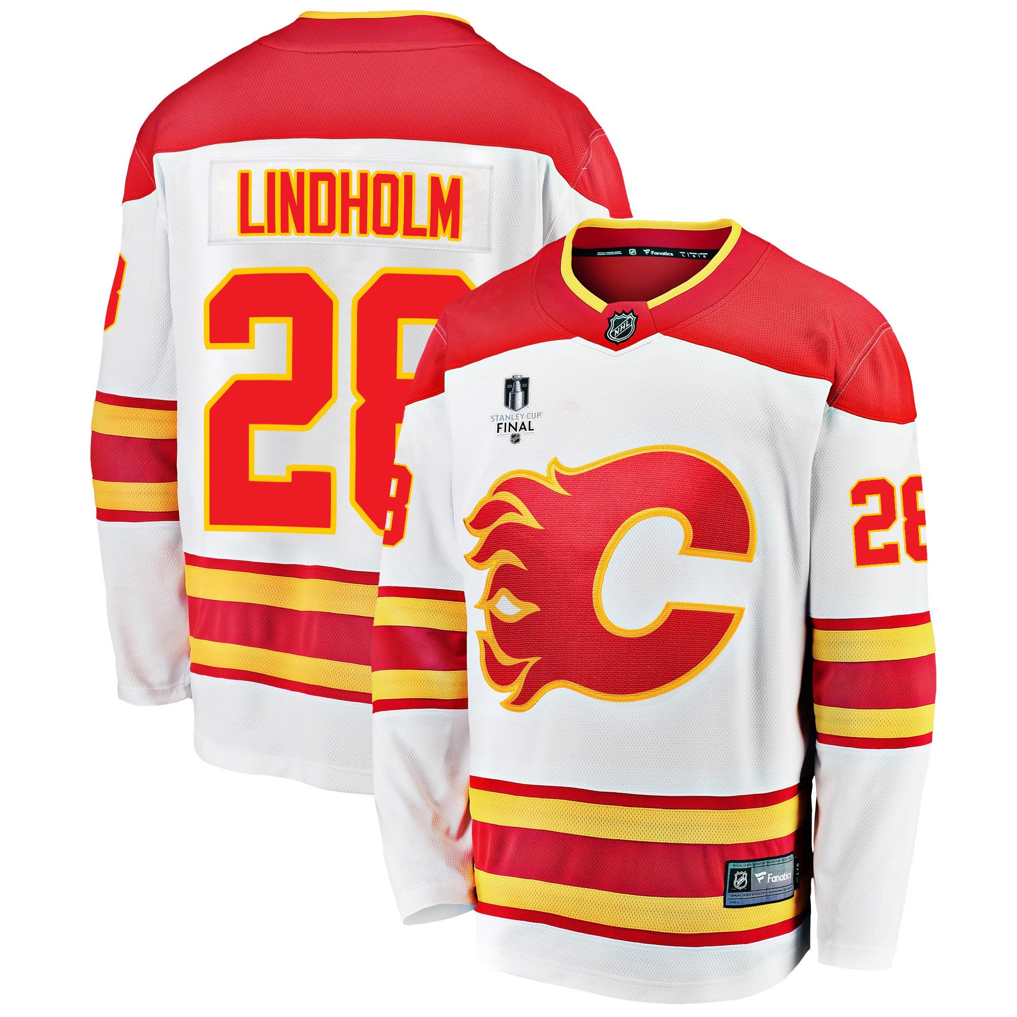 Calgary Flames Elias Lindholm 28 Away 2022 Stanley Cup Final Breakaway Men Jersey – White