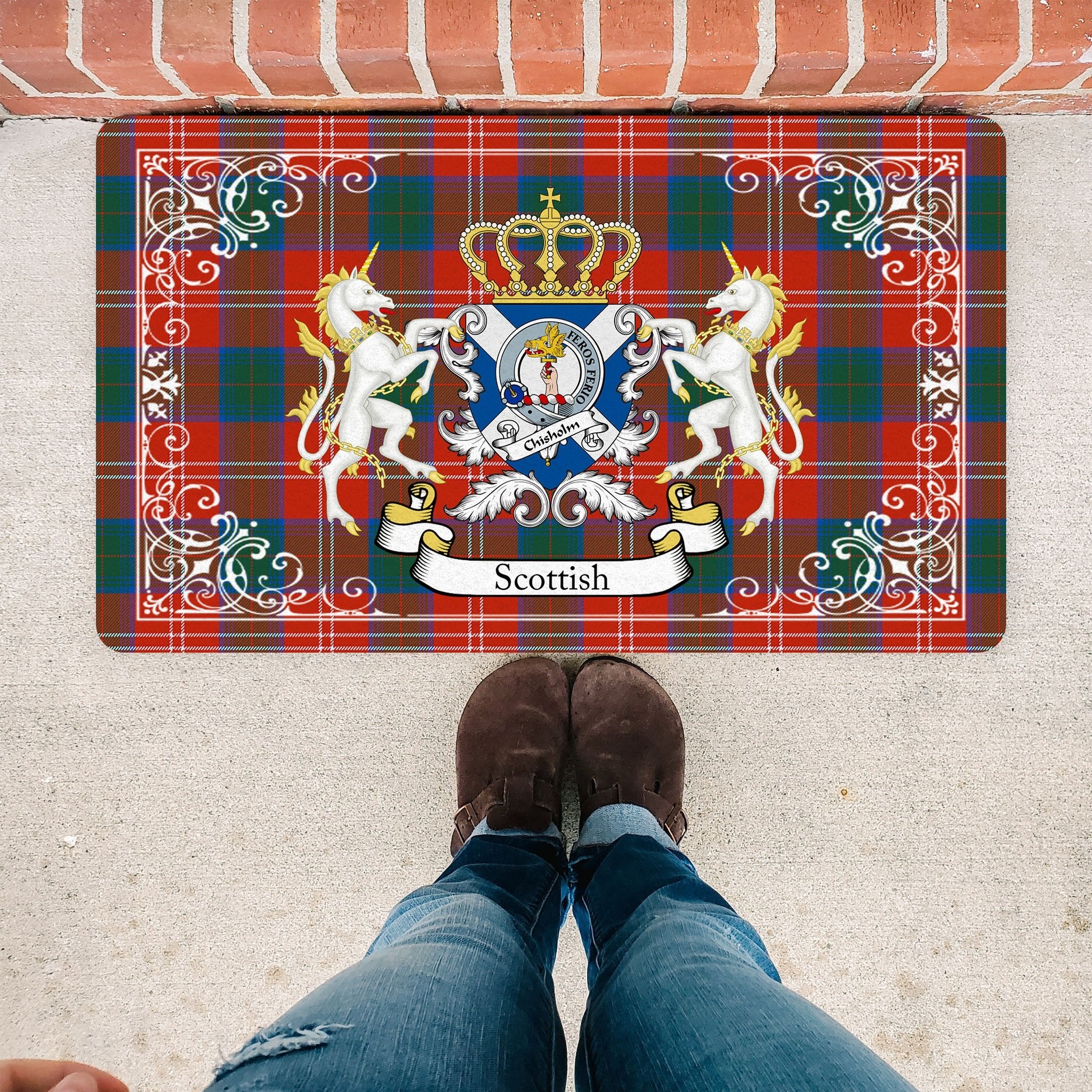 Scotstee Shop Tartan Door Mat Chisholm Ancient Clan Badge Tartan Scottish Plaid Doormat, Christmas Door Mat