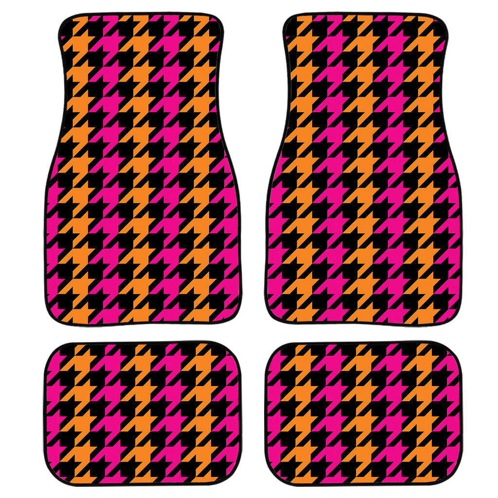 Orange Pink And Black Houndstooth Print Front And Back Car Floor Mats, Front Car Mat