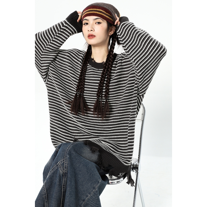 Women Black Sweater Round Neck Stripe Fashion Vintage Leisure Lazy Wind Loose Winter Female Thicken Warm Knitting Pullover alx