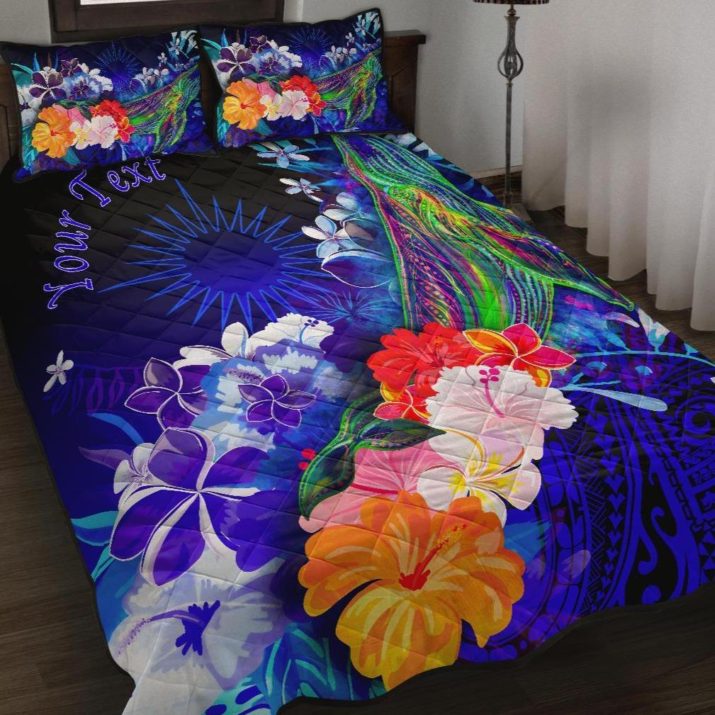 Marshall Islands Custom Personalised Quilt Bed Set – Humpback Whale With Tropical Flowers (Blue)