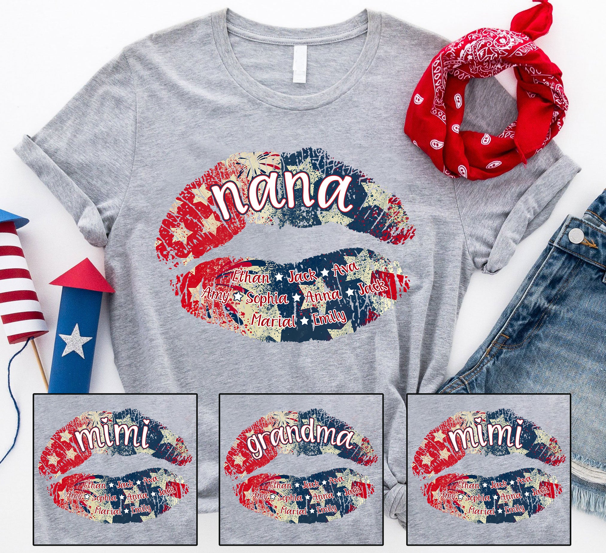 Nana Grandma American Flag Lips T-Shirt