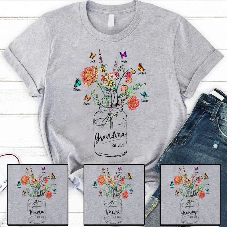 Grandma Est Flower Butterfly Shirt, Gift For Grandma, Personalized Grandma Shirt, Nana Shirt, Mother’S Day Shirt, Nana Tee, Mimi Shirt