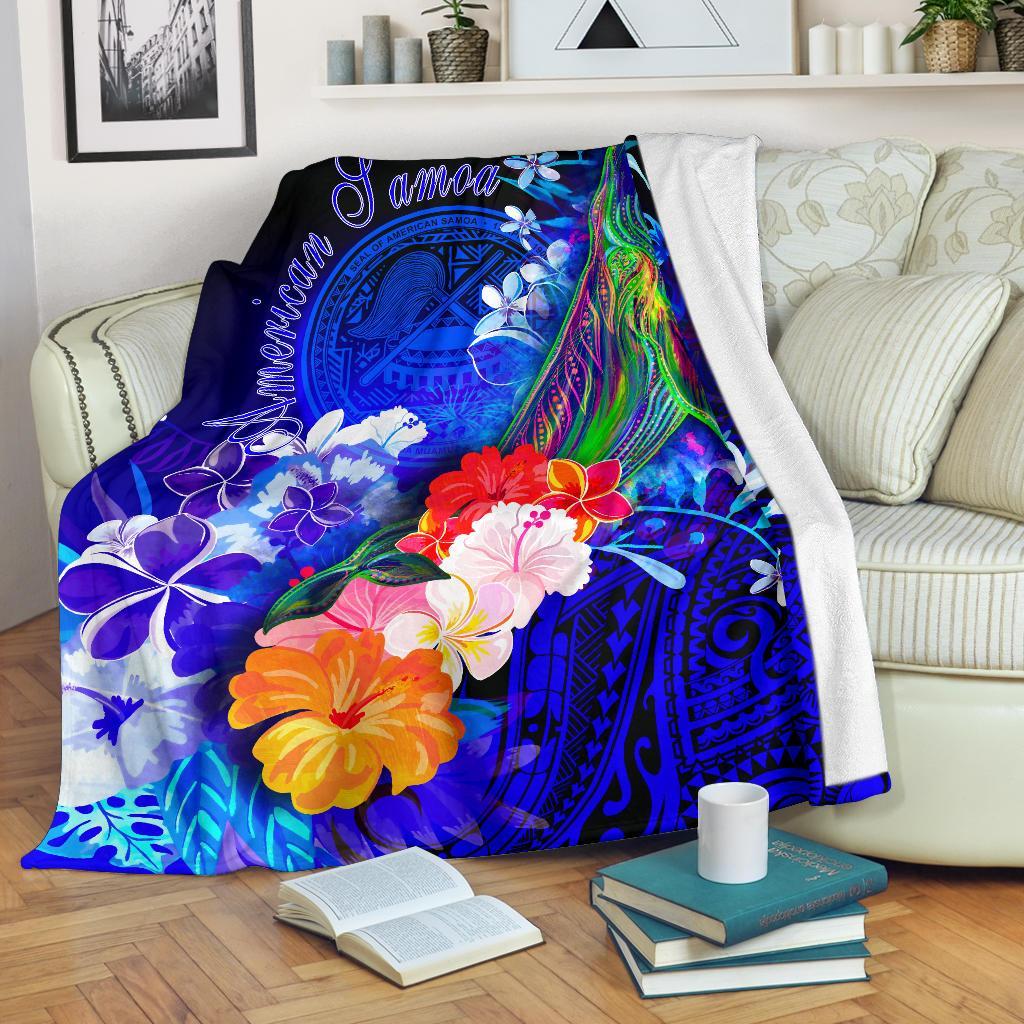 American Samoa Polynesian Premium Blanket – Humpback Whale with Tropical Flowers (Blue)- BN18