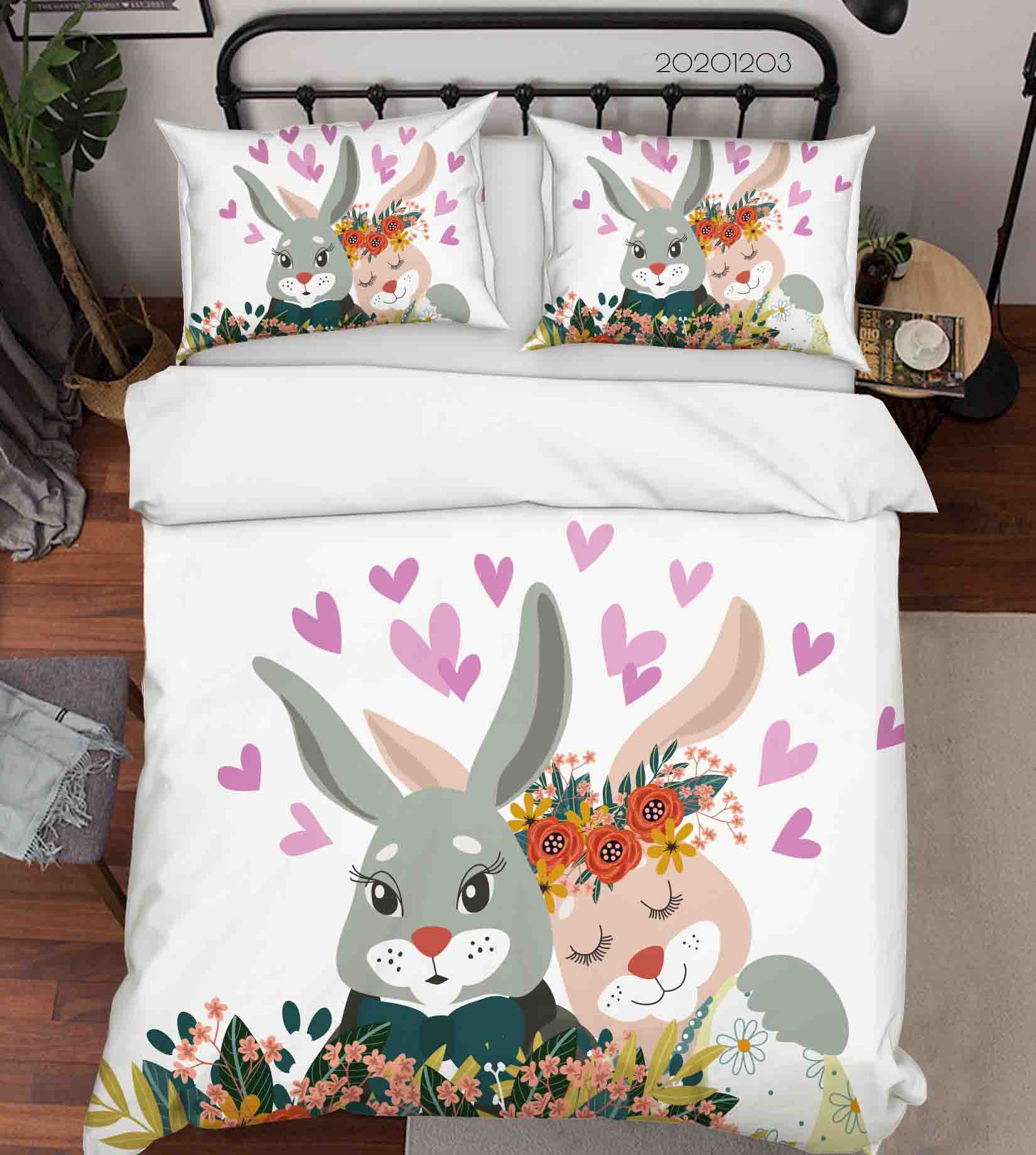 3D Cartoon Hand Drawn Bunny Couple Animal Floral Plant Heart Quilt Cover Set Bedding Set Duvet Cover Pillowcases Lxl