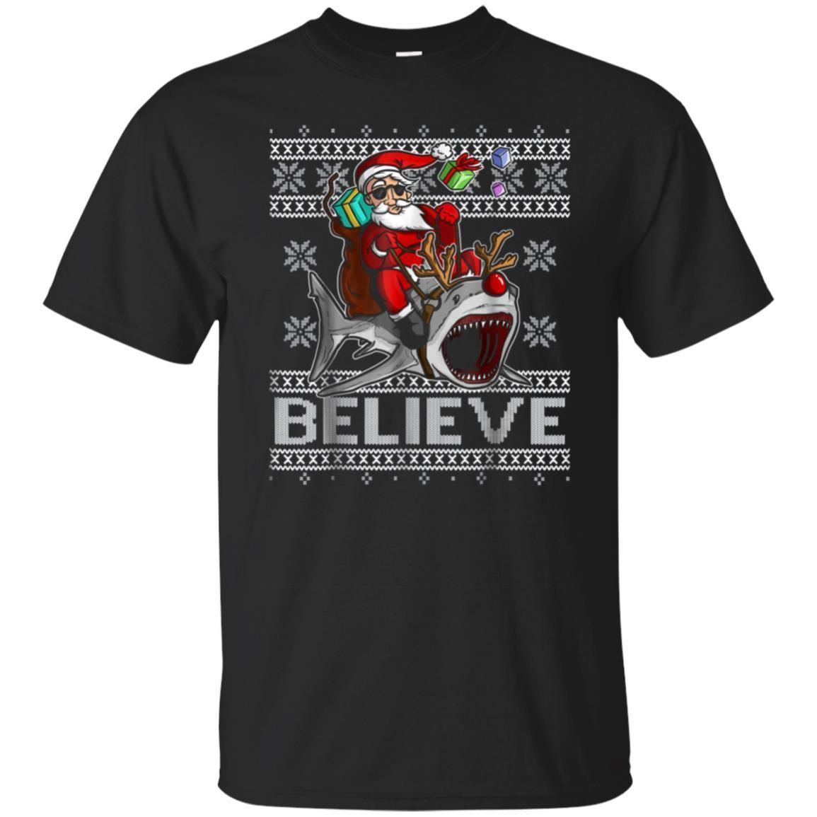 Check Out This Awesome Believe In Santa Riding Shark T-Shirt Christmas Ugly Sweater