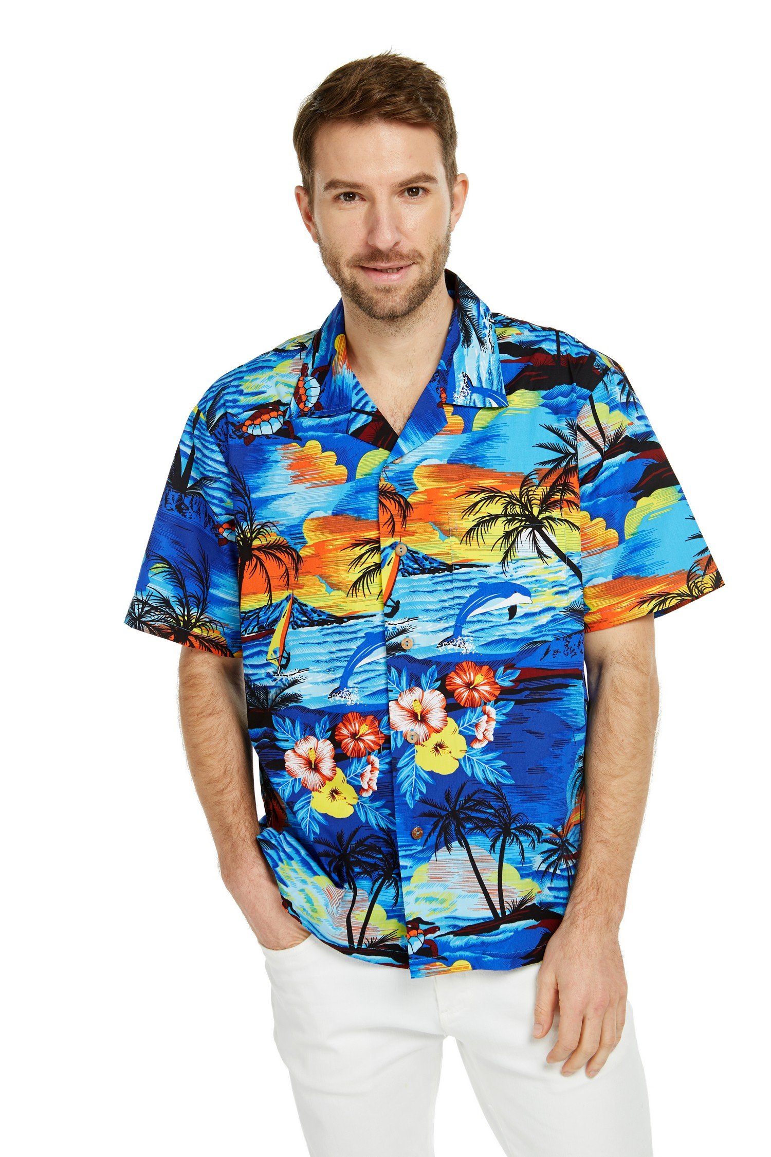 Men’s Hawaiian Aloha Shirt in Dolphin Sunset Blue