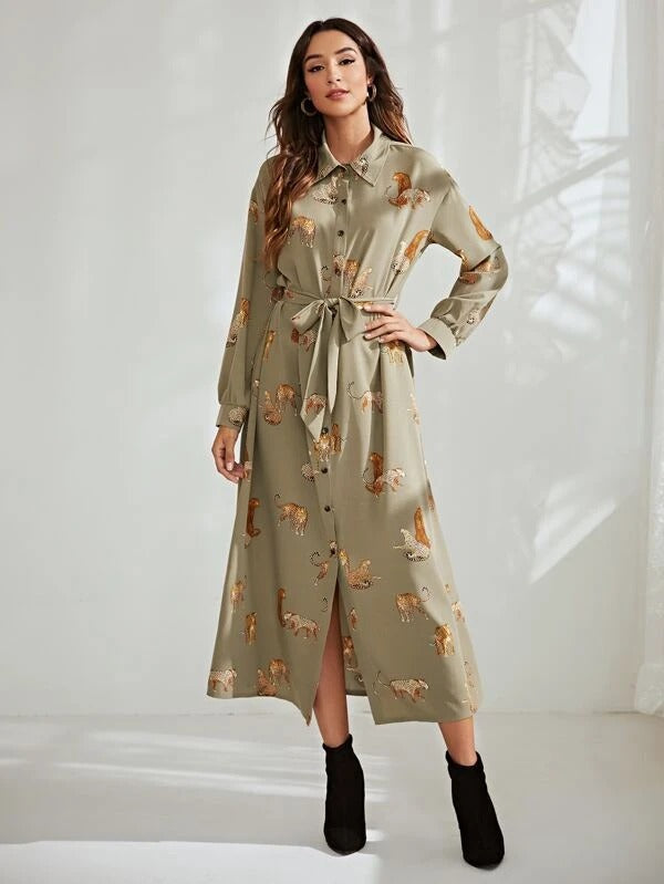 Women Leopard Print Button Up Belted Shirt Dress