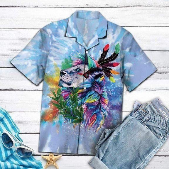 Tie Dye Native American Lion Colorful Feather Aloha Hawaiian Shirt Colorful Short Sleeve Summer Beach Casual Shirt For Men And Women