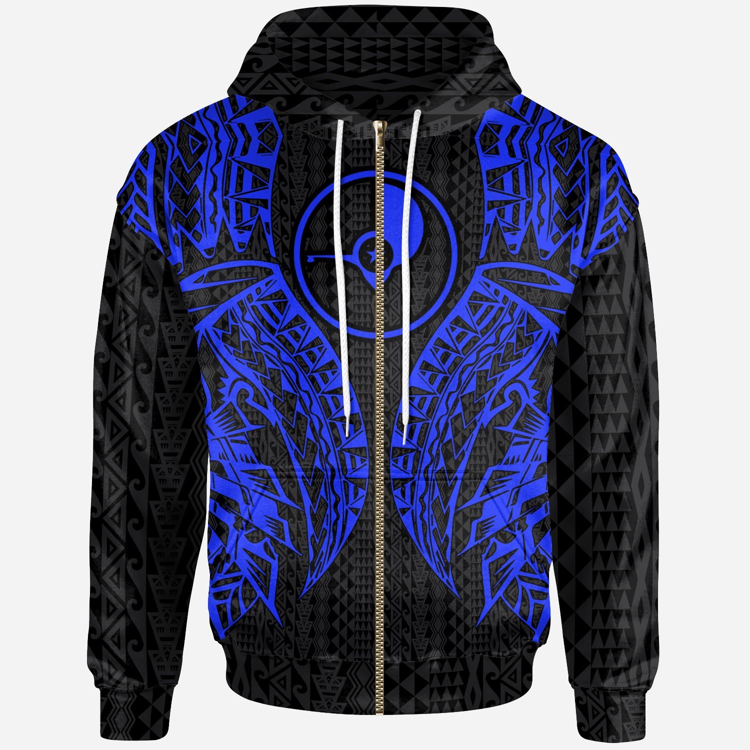 Yap Zip-Up Hoodie – Polynesian Lion Head Blue Style – Pacific Print Hoodie