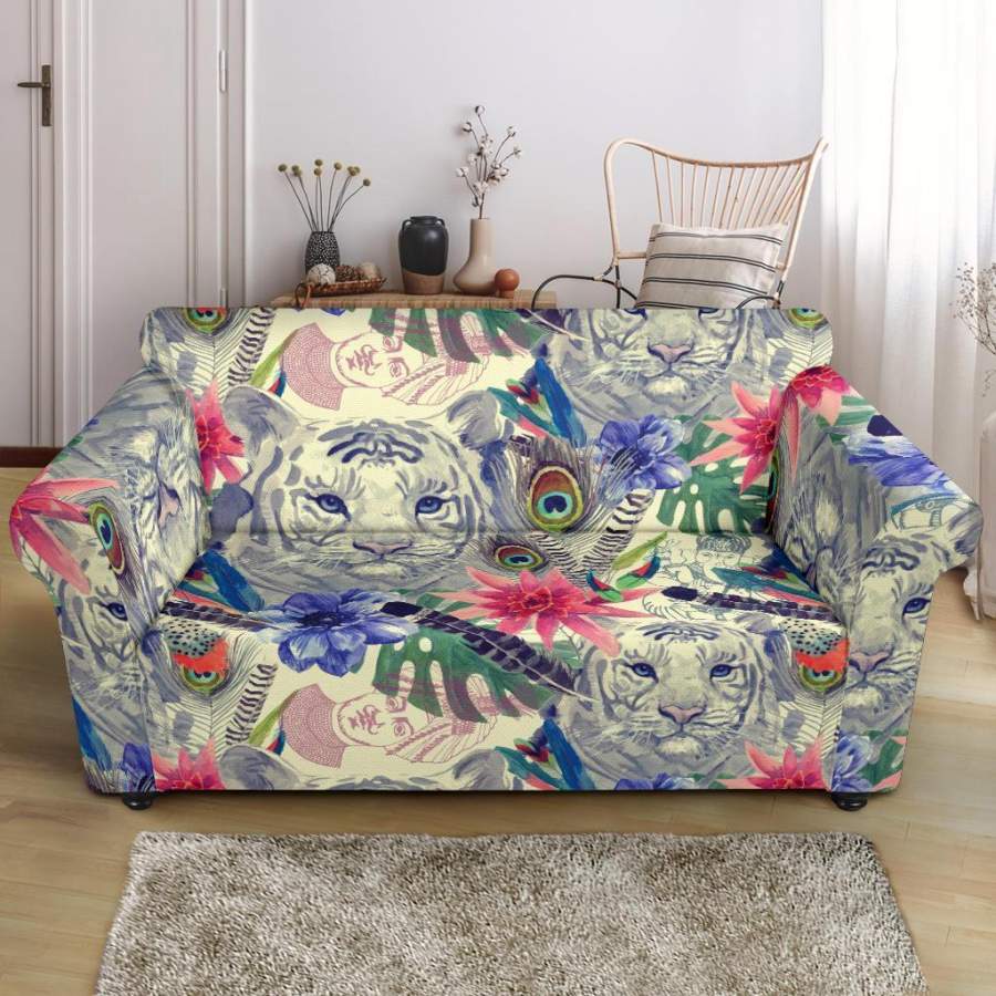 Bohemian White Tiger Pattern Print Loveseat Cover