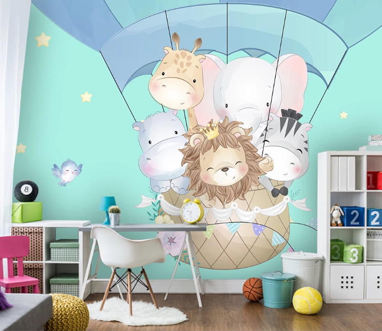 3D Cartoon Animal Hot Air Balloon Wall Mural Wallpaper Sf171