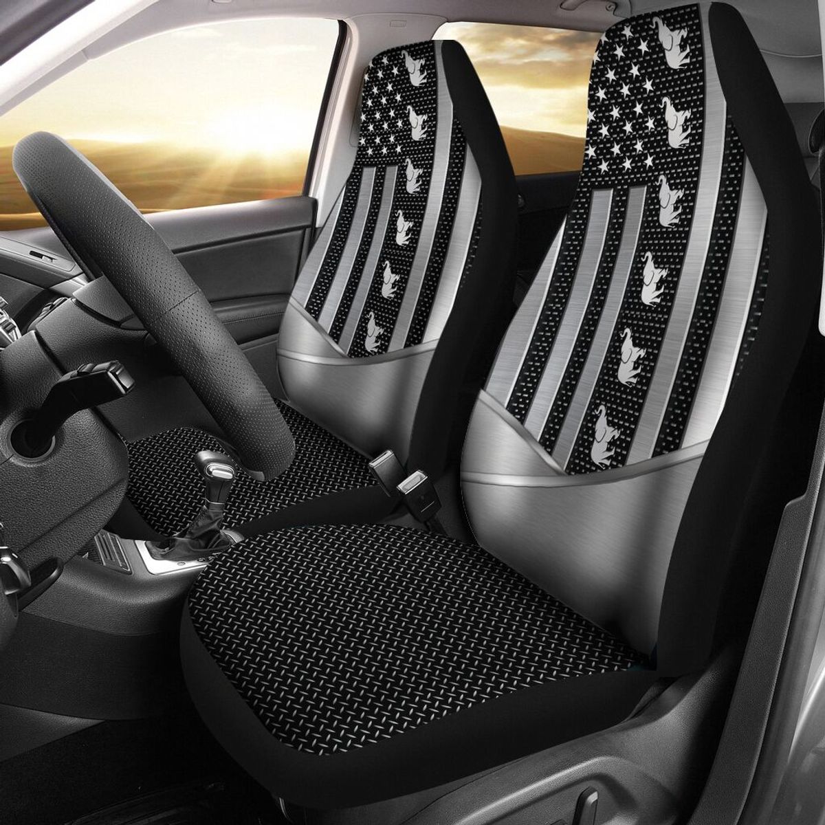 Elephant Usa Flag Silver Metal Car Seat Covers, Seat Covers Full Set, Carseat Covers, Automotive Seat Covers.