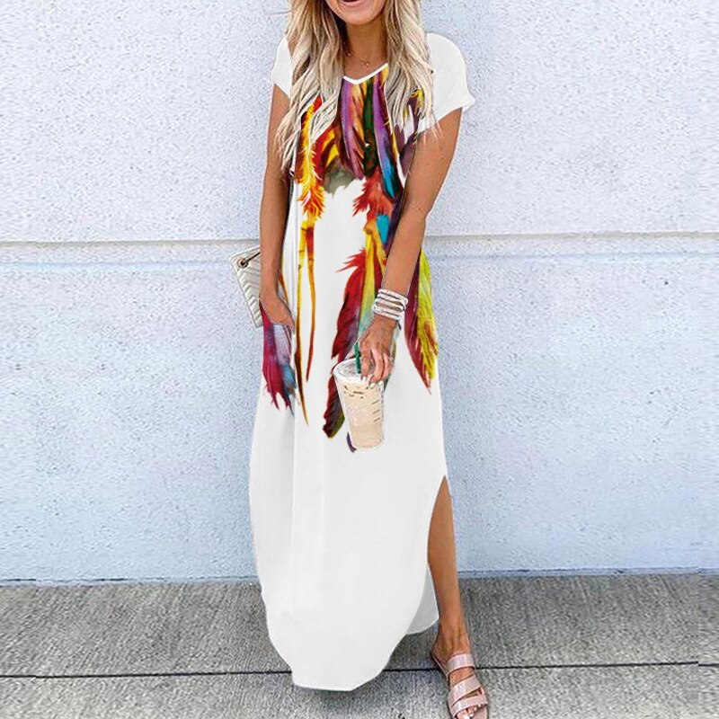 2021 Summer Beach Vacation Maxi Dress For Women Rose Feather Floral Print 3D Colorful Funny Ladies Plus Size 5Xl Dresses Robe alx