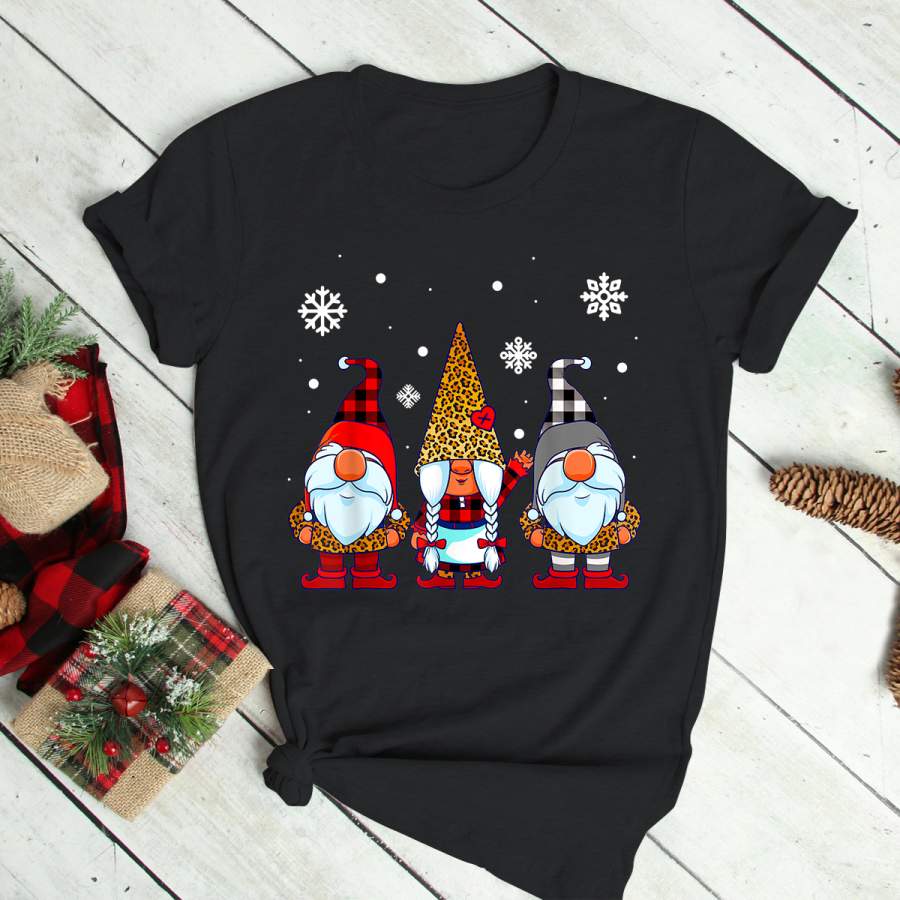 Three Gnomes in Leopard Print Buffalo Plaid Christmas Xmas T-Shirt