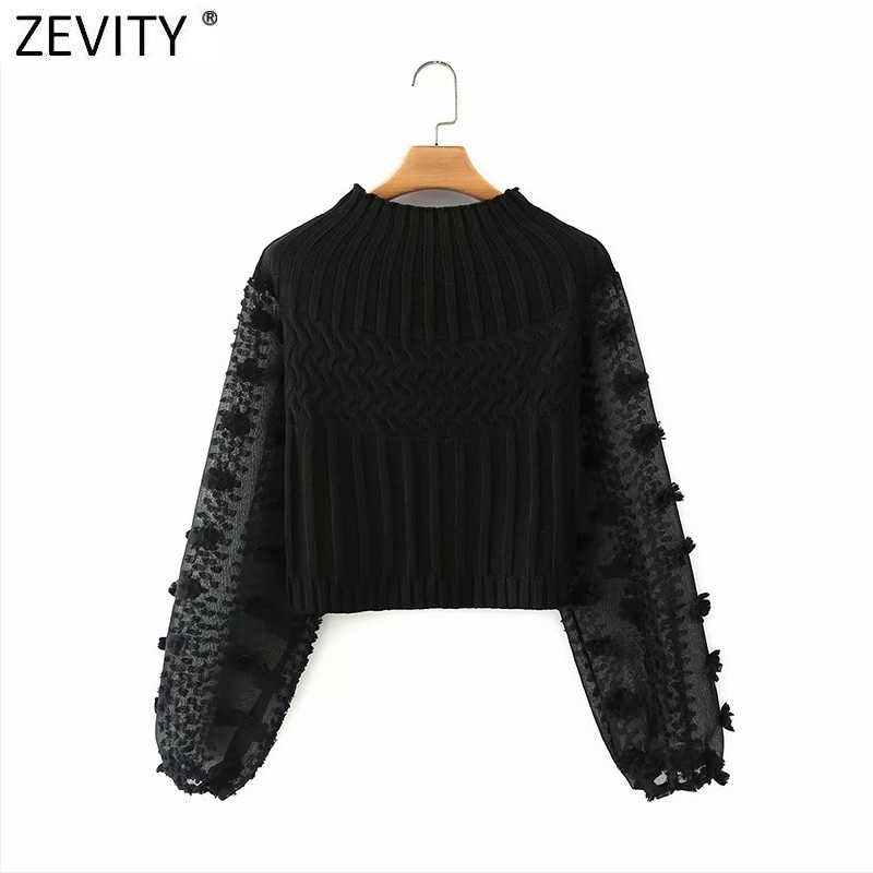 Zevity 2021 New Women Fashion Appliques Chiffon Lantern Sleeve Patchwork Short Knitting Sweater Ladies Chic Pullovers Tops S631 alx