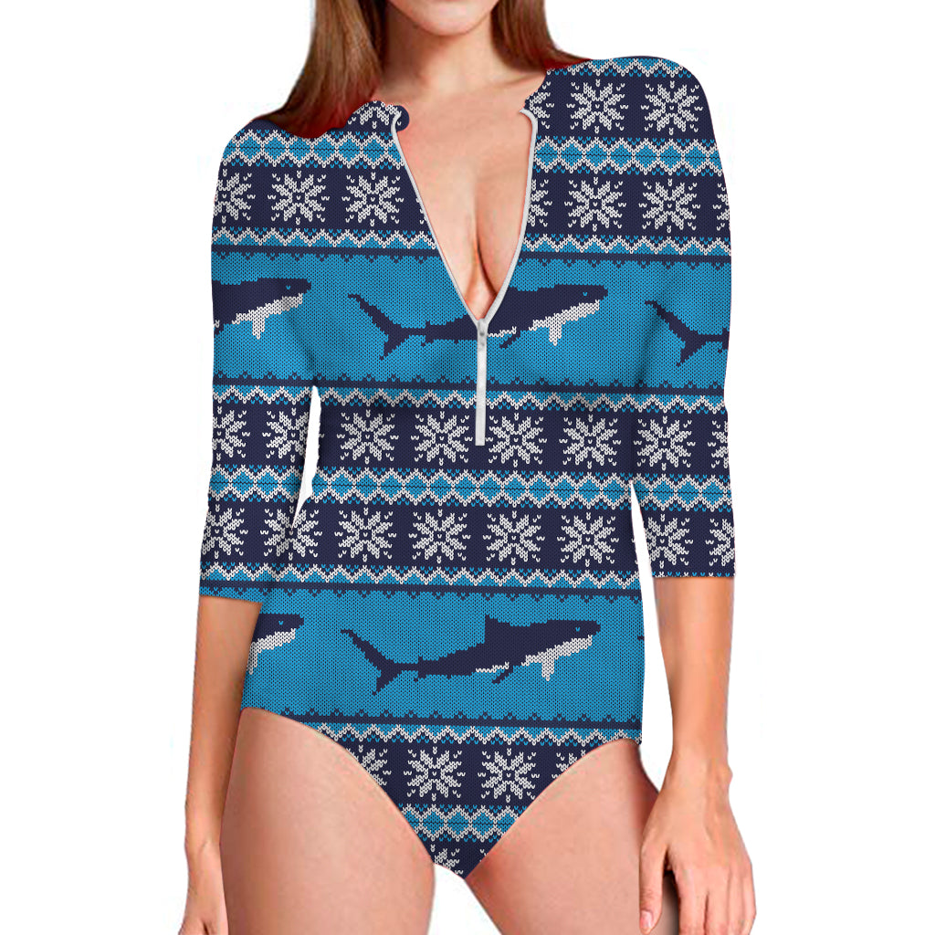 Shark Knitted Pattern Print Long Sleeve One Piece Swimsuit