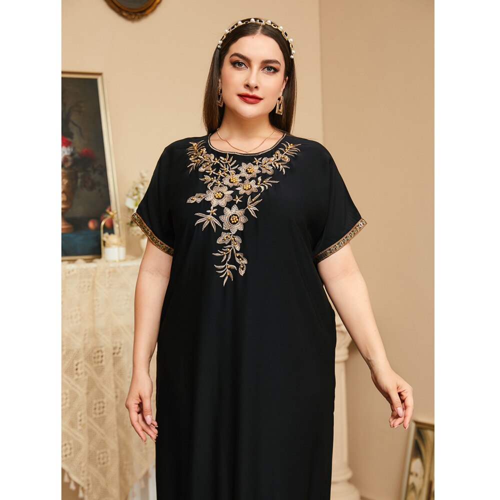 2022 Black Casual Plus Size Elegant Dresses For Chubby Women Summer Female Clothes Muslim Arabic Ramadan Loose Long Robe Large L alx