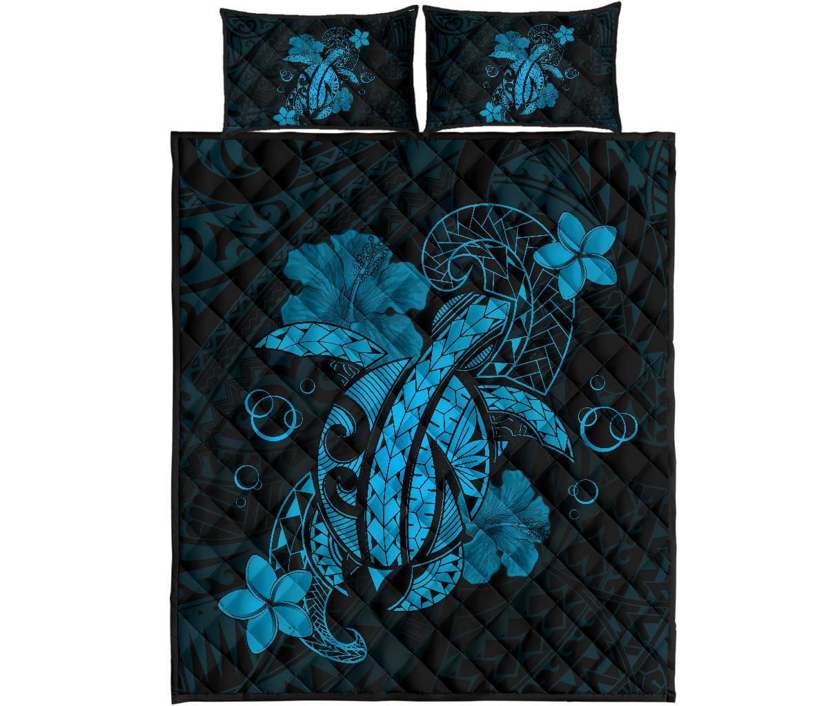 Hawaii Turtle Flower Polynesian Quilt Bed Set – Turquoise – AH J4