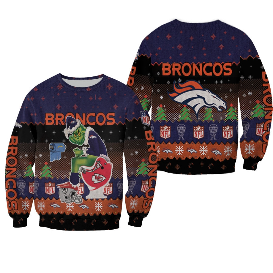 Santa Grinch Denver Broncos Sitting On Chiefs Chargers Raiders Toilet Christmas Gift For Broncos Fans Ugly Sweater