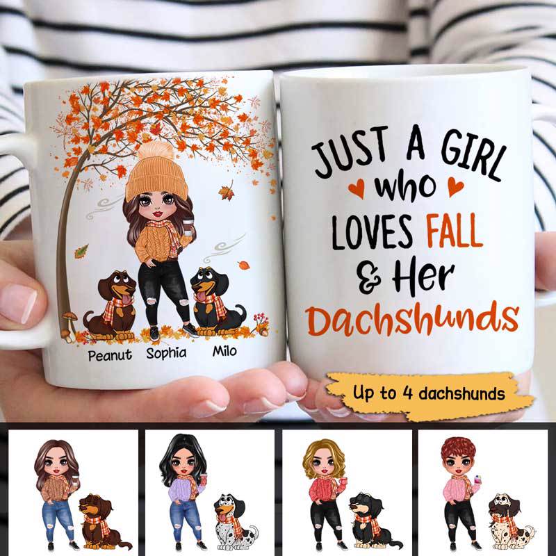 Fall Season Doll Girl Loves Her Dachshund Personalized Mug