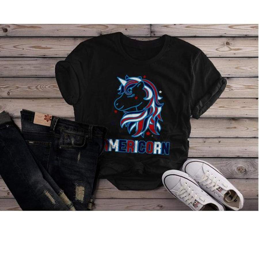 Women’s Patriotic Americorn T-Shirt America Unicorn Tee American 4th July Hipster Shirt