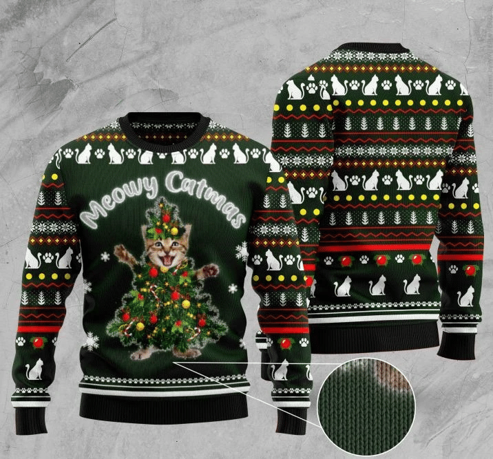 Cat Meowy Pattern Ugly Christmas Sweater